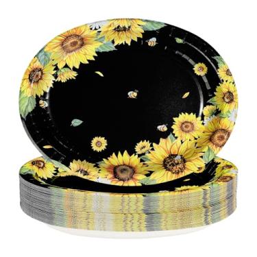 Imagem de 50Pcs Sunflower Bee Paper Oval Paper Plates 10" x 12" Large Disposable Heavy Duty Black Yellow Sunflower Bumble Bee Plates Dessert Platters for Spring Birthday Bridal Baby Shower Party Decorations