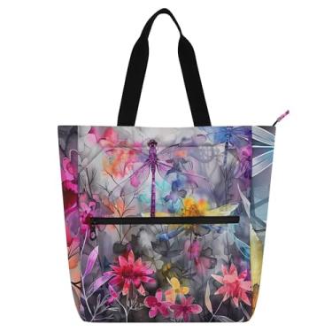 Imagem de GAIGEO Sacola floral de pintura de libélulas para mulheres, bolsa escolar de lona de trabalho com zíper, bolsas para professores, amantes de livros