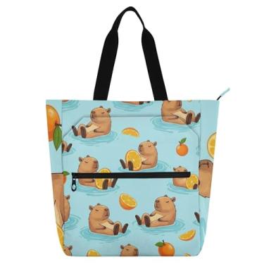 Imagem de GAIGEO Lindas bolsas de trabalho de capivaras laranjas para mulheres, bolsa escolar de lona com zíper, bolsas de viagem, amantes de livros