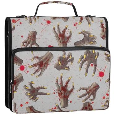 Imagem de Organizador de fichário com zíper, estampa de mãos de sangue vermelho, 3 anéis, 3 anéis, bolsa de fichários escolares de tecido com alça de ombro, portfólio e estojo para pasta de anel, 34,5 x 31,5 x
