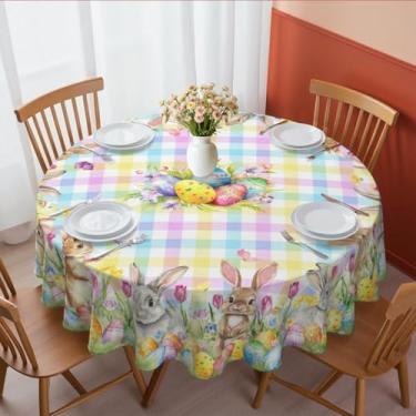 Imagem de Kuyuayee Toalha de mesa redonda coelhinho da Páscoa, 152 x 152 cm, impermeável, com ovos de coelho, toalha de mesa, lavável, para primavera, Páscoa, piquenique, jantar, decoração de casa