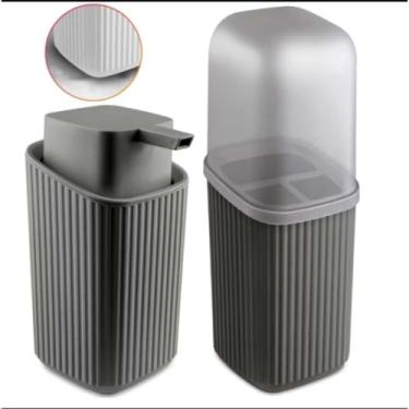 Imagem de Kit 2 Pecas Banheiro Porta Escovas Pasta e Porta Sabonete Liquido Dispenser 400Ml Pratico Resistente Anti Derrapante (Cinza Escuro)
