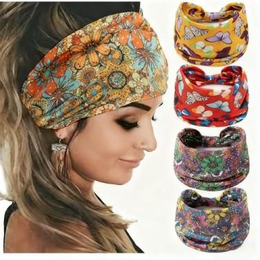 Imagem de 2 bandanas femininas largas – lenço de cabelo com nó – estampa floral – turbante elástico – envoltório grosso – algodão elástico (cor aleatória)