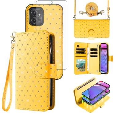 Imagem de Capa carteira compatível com Motorola Moto G Power 5G 2023 com zíper e protetor de tela de vidro temperado, alça transversal com glitter, suporte para cartão, capa para celular GPower G5 feminina e