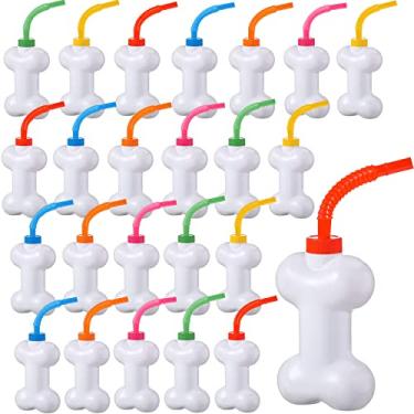 Imagem de Eaasty Conjunto de 24 peças de copos de osso de cachorro com canudos e tampas 283 g de plástico reutilizável em forma de osso de cachorro para presentes de festa de aniversário para crianças