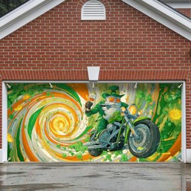 Imagem de Decoração de faixa de porta de garagem, grande decoração de capa de páscoa interna externa para casa, pano de fundo de festa de férias à prova d'água para varanda, quintal, parede (duende motociclista