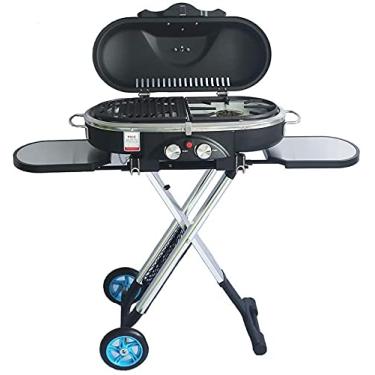 Imagem de CGKs6anmU Trolley portátil churrasqueira churrasqueira acampamento ao ar livre fogão a gás, churrasco de mesa leve, muito adequado para acampamento, cozinha ao ar livre, viagens recreativas (cor: azul