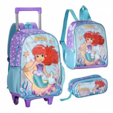 Imagem de Kit Mochila Carrinho 16 Estojo E Lancheira Sereias Encantos