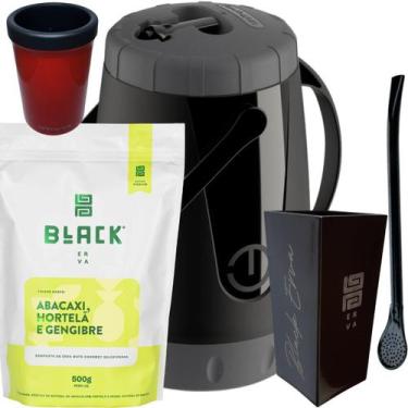 Imagem de Kit Para Tereré Garrafa Lisa Black Erva Mate 500g Copo Cuia Quadrado A