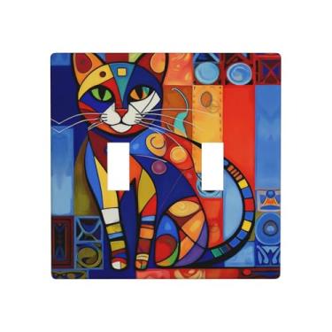 Imagem de Capa de interruptor de luz estilo de arte decorativa, padrão de gato colorido, placa de parede dupla com 2 faixas, placa elétrica decorativa para decoração de casa