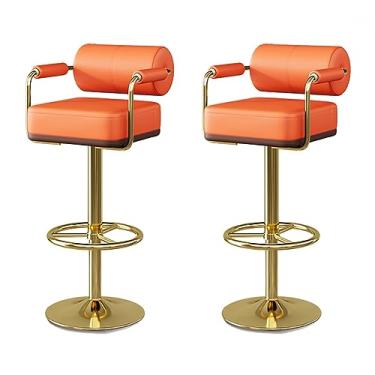 Imagem de Conjunto giratório ajustável de 2 bancos de bar com encosto e apoio para os pés - Cadeira de bar de couro sintético, banquetas de bar com altura de balcão para jantar na ilha da cozinha - Pés dourados