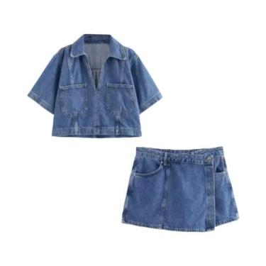 Imagem de Conjunto De Saia E Top De Denim Slim Fit Para Mulheres, Assimétrico, C