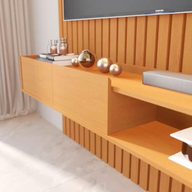 Imagem de Painel Ripado para Tv 84 Polegadas com Nicho e Prateleira com Led Vitoria Regia Marrom