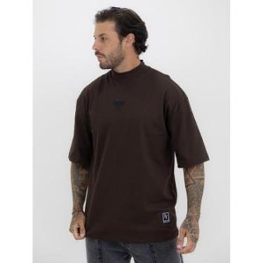 Imagem de Camiseta Oversized Gola Alta Borracha Triângulo All Black Streetwear Algodão Premium Marrom-Masculino