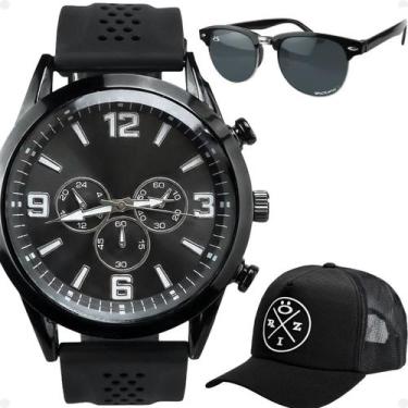 Imagem de relogio masculino aço inox + oculos proteção uv + bone silicone trucke