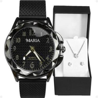 Imagem de Relogio feminino aço inox preto + colar + brincos + caixa original cas
