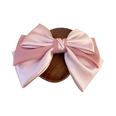 Imagem de Presilhas De Cabelo Com Laço Rosa Grandes Em Cetim Macio Para Mulheres