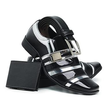 Imagem de Kit Sapato Social Masculino + Carteira e Cinto Verniz Brilho (44, Preto/Prata)