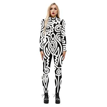 Imagem de Yajun Macacão feminino de festa de Halloween fashion stretch slim fit body de uma peça elegante skinny Catsuit geral com zíper, branco, M (busto: 83 cm)