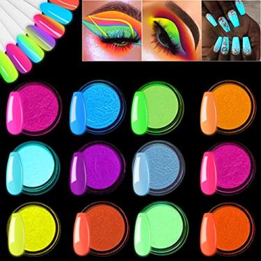Imagem de Kalolary 12 caixas de pigmento luminoso em pó para unhas, cor neon que brilha no escuro, esmalte de glitter gradiente acrílico colorido para sombra, maquiagem corporal, decoração de arte de unhas