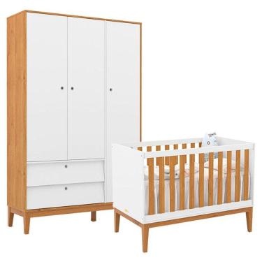 Imagem de Berço Americano e Guarda Roupa Unique 3 Portas Branco Soft Freijó Eco Wood - Matic