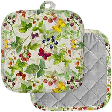 Imagem de [Pacote com 2] Suportes de panela para cozinha, suportes de panela laváveis resistentes ao calor, almofadas quentes, descanso para cozinhar e assar (comida vegetariana bagas framboesa morango)