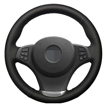 Imagem de TPHJRM Capa de volante de carro preta couro artificial macio costurado à mão, apto para BMW E83 X3 2003-2010 E53 X5 2004-2006