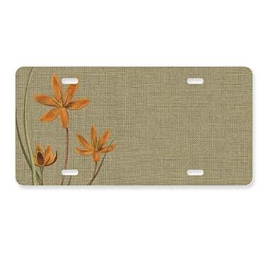 Imagem de DIYthinker Placa de licença bordada com design tradicional de orquídea de linho, etiqueta de aço inoxidável para decoração