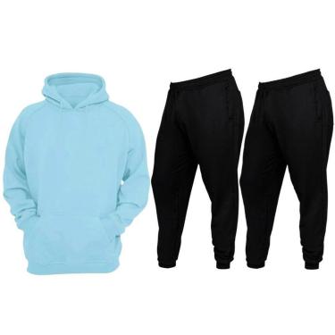 Imagem de Conjunto De Moletom Blusa de Frio Abrigo Canguru Com Capuz Colorida e 2 Calças Lisas Preta-Masculino