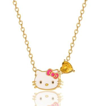 Imagem de Hello Kitty Colar Sanrio Gifts Pedra do mês de nascimento 45,7 cm, colar banhado a ouro 18 quilates, licença oficial da joia, Latão, Pedra de vidro