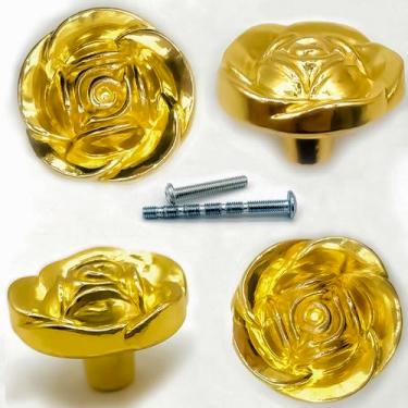 Imagem de YOUYOUULU 4 puxadores de gaveta de ouro rosa, flores antigas - puxadores de cômoda rosa dourada, armário de metal retrô - puxador de decoração de móveis (rosa)