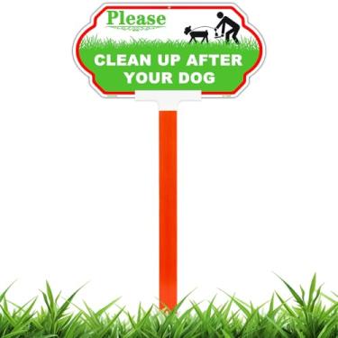 Imagem de Sinais de limpeza grande após o seu cão com estaca, sinais de cocô de cachorro para quintal 35,5 x 17,78 cm/91,44 cm altura ajustável durável placas de alumínio de 40 mil, impressão com tinta UV,