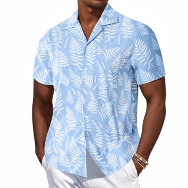 Imagem de Camisas havaianas masculinas Aloha floral tropical verão praia manga curta camisas de botão com bolsos, Azul, XXG