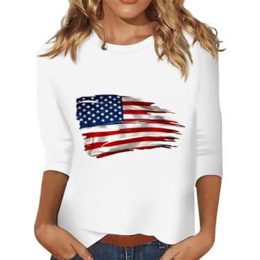 Imagem de Camiseta feminina bandeira americana listras estrelas 4 de julho patriótica túnica verão dia da independência blusa manga 3/4, Branco, G