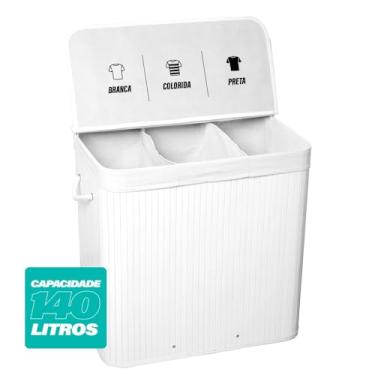 Imagem de Cesto de Roupas Com Divisória Roupeiro Bambu Branco Artiko Family Organizador Triplo Com Tampa 140L