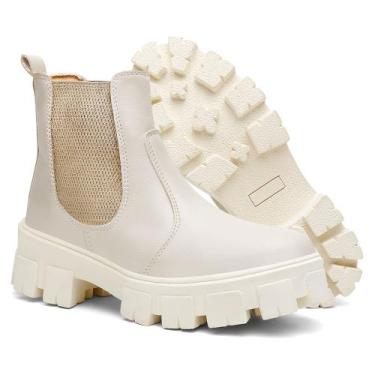 Imagem de Bota Coturno Tratorada Chelsea Feminina Off White e Preto Blogueira - 