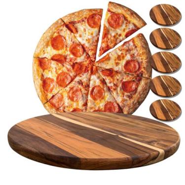 Imagem de Kit 5 Tábuas 25Cm De Madeira Teca Para Cortar E Servir Pizzas - Brasa 