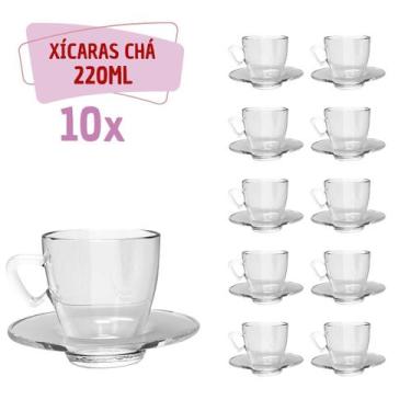 Imagem de Kit 10 Xícaras Chá Vidro 220mL C/ Pires Moderna Transparente - TODO DI