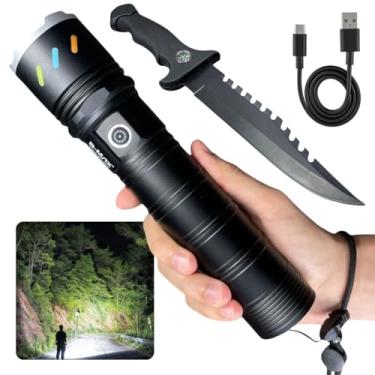 Imagem de Lanterna Tática LED XHP160 + Faca Aço Serrilhado | Potência e Durabilidade. Ideal para sobrevivência, caça, emergências, atividades outdoor e camping. Resistente, recarregável