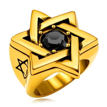 Imagem de Oaldilee Anel Estrela de Davi para homens e mulheres, ouro 18 quilates, aço inoxidável, vintage, zircônia cúbica, proteção de amuleto, tamanho 7-14, Metal, Zircônia cúbica