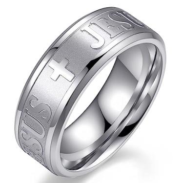 Imagem de Adreamz 8 mm Prata Ouro Preto Masculino Feminino Oração do Senhor Jesus Cruz Anel de Aço Inoxidável Cruz Jesus Gravado Anel Religioso Cristão, Metal, Sem pedra preciosa