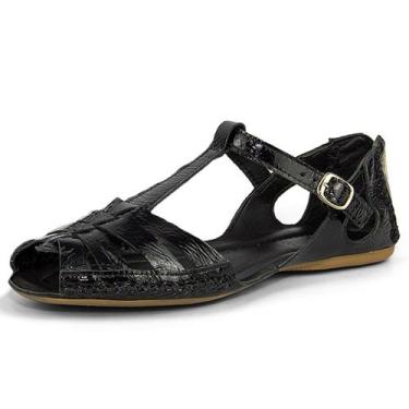 Imagem de Sandália rasteira Pierrô feminina em couro legítimo verniz cor preta, 