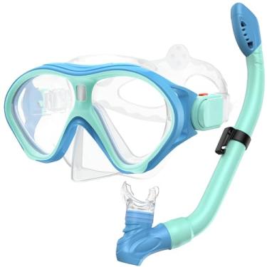 Imagem de Gintenco Equipamento De Mergulho Com Snorkel Para Crianças, Conjunto De Snorkel Infantil De Superfície Seca Para Crianças De 6 A 14 Anos, Óculos De Natação De Vidro Temperado Antiembaçante, Máscara