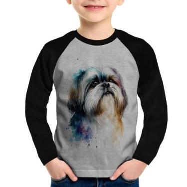 Imagem de Camiseta Raglan Infantil Cachorro Shih Tzu Watercolor Manga Longa - Fo