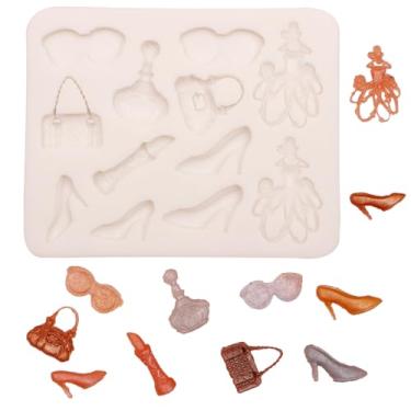 Imagem de Tema de maquiagem moldes de fondant perfume vestido cerimonial óculos de sol moldes de silicone moda bolsa de mão de salto alto batom moldes de chocolate para cupcake topper doces açúcar artesanato