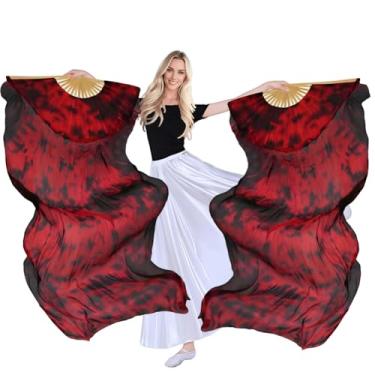 Imagem de TRIMODI 1 par de véus femininos feitos à mão (esquerda + direita) para fãs de dança do ventre de seda verdadeira, comprimento da cor Githree_browse-bin) 180 cm largura 90 cm (gravata vermelha preta