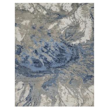Imagem de Shahbanu Rugs Azul com design abstrato marfim lã e seda tapete oriental atado à mão (2,5 m x 3,5 m)