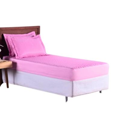 Imagem de Colcha Cobre Leito Jogo Roupa Cama Solteiro 2 Pçs Simples Matelado Elastico Volta Quarto Criança Menina Rosa