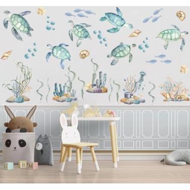 Imagem de XUOIAYNB Adesivos de parede de tartaruga marinha em aquarela, tartarugas marinhas, algas marinhas, bolhas corais, decalques de parede de vinil, removível com tema submarino, faça você mesmo, arte de