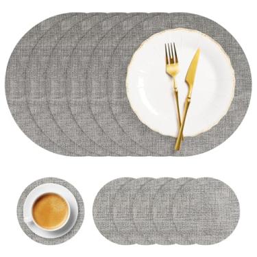 Imagem de yuuzue Jogo americano redondo conjunto de 6, jogo americano e porta-copos de couro sintético, tapetes de mesa resistentes ao calor, à prova d'água, à prova de óleo, limpáveis, jogo americano de mesa